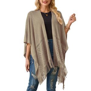 2572 Women's Lightweight Crochet Shawl Wraps Open Front Knit Fringe Poncho